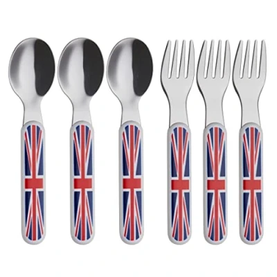 Imagen de EXZACT cubiertos para niños, 6 piezas de acero inoxidable 18/10, juego 3 tenedores, cucharas cena, mango plástico, utensilios niños pequeños, sin BPA, Union Jack