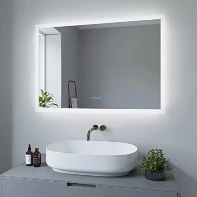 Imagen de AQUABATOS Espejo de baño con iluminación, 100 x 70 cm, Pared LED, Ahorro energía, Interruptor táctil, Regulable, Blanco frío 6400 K, cálido 3000 calefacción Espejo, IP44, CE