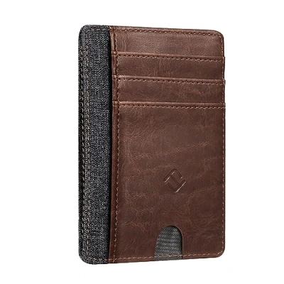 Imagen de Fintie Cartera Tarjetero de Credito con Bolsillo Frontal Minimalista Bloque RFID Portatarjetas para Tarjetas Crédito/Identificación Cubierta Transparente, Marrón