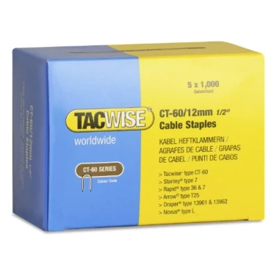 Imagen de TACWISE 0355 Grapas para cables galvanizadas y de puntas divergentes CT 60/12 mm (5 x 1000 unidades) 12 mm, Set 5000 Piezas