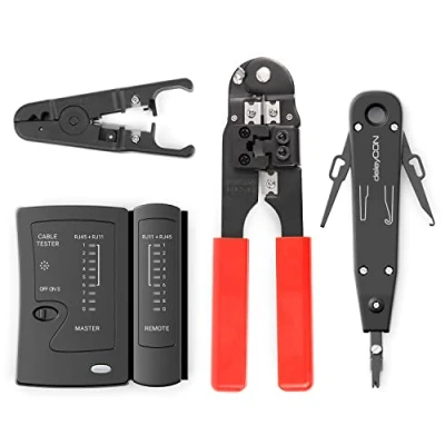 Imagen de deleyCON Cable de Red Juego Herramientas 4 Piezas con Estuche Probador Pinza LSA Herramienta para Pelar Aislamiento Redes Informáticas LAN CAT RJ11 RJ12 RJ45