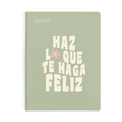Imagen de Miquelrius Cuaderno A4, Notebook mensajes, 1 Franja de color, 80 Hojas 90 g/m², Rayado horizontal 7 mm, 4 Taladros, Cubierta cartón duro, Color verde salvia