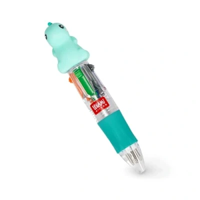 Imagen de Legami mini bolígrafo 4 colores, Magic Rainbow, tinta verde, azul, naranja, negro, punta 1 mm, mango ergonómico de silicona, diámetro 2,3 cm, altura 10 Dino