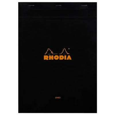 Imagen de RHODIA 186009C Bloc de notas grapado , Nº 18 Negro, A4, Interior líneas, 80 Hojas Papel Clairefontaine Blanco gr/m², Tapa cartón revestida suave y resistente Negro