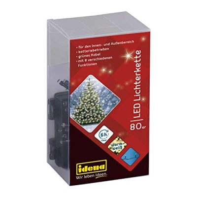 Imagen de Idena 30438 Guirnalda de luces led (80 unidades, para interiores y exteriores, funciona con pilas, temporizador, luz blanca cálida)