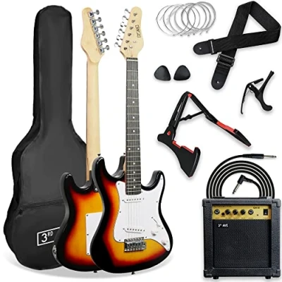 Imagen de 3rd Avenue XF Kit Definitivo De Guitarra Eléctrica Tamaño 3/4 Con Amplificador 10 W, Afinador Digital, Cable, Soporte, Funda, Correa, Cuerdas Repuesto, Púas, Cejilla Sunburst