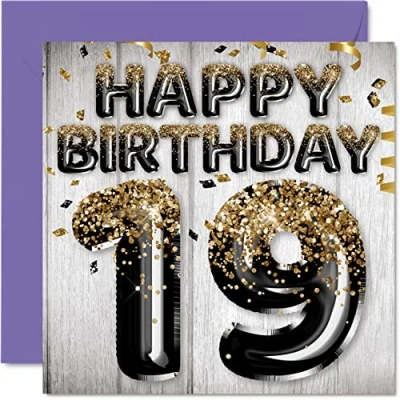 Imagen de Stuff4 Tarjeta de cumpleaños número 19 para hombres, globos negros y dorados con purpurina, tarjetas feliz hombre años, hijo, hermano, tío primo, 145 mm x mm,