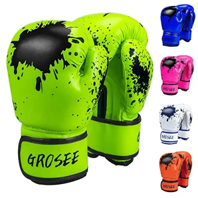 Imagen de guantes de boxeo para niños, 6 onzas, 8 jóvenes, niños y niñas, entrenamiento saco boxeo, kickboxing, Muay Thai, regalo edades a 15 años (verde, 70 libras)