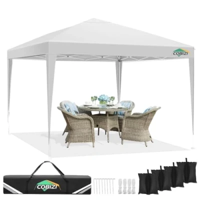 Imagen de COBIZI Cenador plegable 3 x 3, resistente al agua, estable, para fiestas, protección UV 50+, carpa de m, con 4 sacos arena camping, playa, reuniones familiares (blanco)