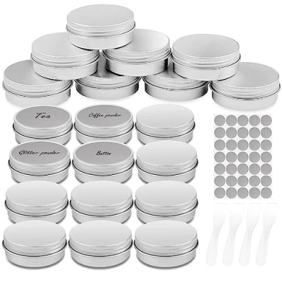 Imagen de Firschoie 20 Piezas Tarros de Aluminio, 20ml Contenedores Cosmético Viaje con tapón rosca, Mini tarro 28 pegatinas redondas y 4 espátulas, para llevar maquillaje, lociones, velas(plata)