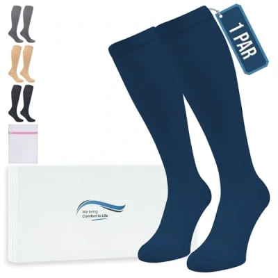 Imagen de 360 Relief Medias de Compresión para Mujeres y Hombres 1 Par Calcetine Deportes, Correr, Volar, Viaje, Trabajo, Footing XXL Azul con Bolsa Malla