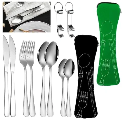 Imagen de Cubiertos Camping 2 Set Picnic Funda Viaje e Acero Inoxidable Porta para Camping, Picnics, Trabajo, Viajes, Fiesta, Aire Libre