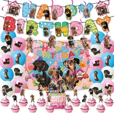Imagen de Dachshund Cumpleaños Party Decoraciones Zubehör Set mit lustige Geburtstag Banner Spiralen Kuchen Topper Cupcake Toppers Ballons Hintergrund für