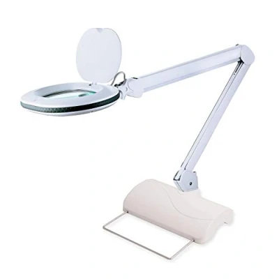 Imagen de Lumeno 8615GR Lámpara de aumento con gran lente ovalada 110x150 mm, 60 LED regulables en 2 pasos, perfecta como ayuda a la lectura, para cosméticos o soldar, 5 dioptrías gris trípode mesa