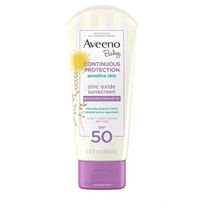 Imagen de Aveeno Baby Continuous Protection Zinc Oxide Mineral Sunscreen Lotion With Broad Spectrum SPF 50, Sweat And Water Resistant, 3.0 Fl. Oz