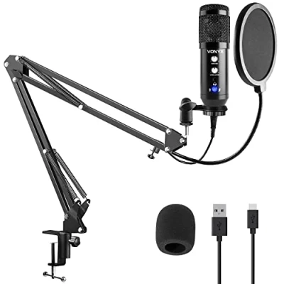 Imagen de Vonyx CMS320B microfono Condensador cardioide de Estudio USB con Soporte Brazo articulado Anti Pop e Interface Audio integrada, Control Ganancia y Echo, Salida Auriculares, Color Negro