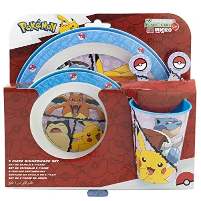 Imagen de Set vajilla infantil reutilizable apta para microondas compuesta por vaso, plato, cuenco y cubiertos de Pokemon
