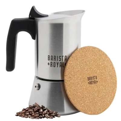 Imagen de Barista Royal Cafetera expreso para 6 tazas [300 ml] de acero inoxidable moca, apta todo tipo fuegos, lavavajillas