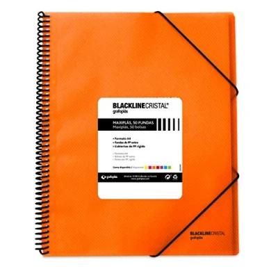 Imagen de Grafoplás 39835252 Carpeta de Fundas con Espiral, Tapas Polipropileno, 50 Fundas, A4, Color Naranja, Maxiplás Blackline Cristal