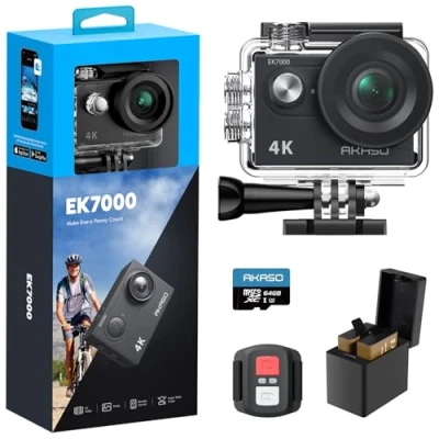 Imagen de AKASO EK7000 Cámara Deportiva 4K con Tarjeta de Memoria microSDXC 64GB acción 20MP WiFi Gran Ángulo 170 EIS Control Remoto 2.4G Camara Acuatica Sumergible 30M 2 Baterías