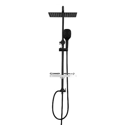 Imagen de Görbach Columna de ducha Negra sin Grifo Sistema Hidromasaje Conjunto Altura Adjustable, Juego Baño con Estana Negro mate, Cuadrado (2525MB+bandeja)