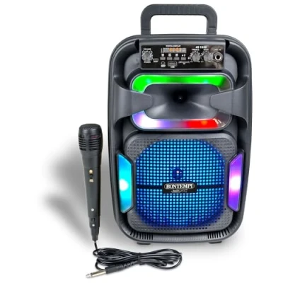 Imagen de Bontempi SonicSync Amplificador Audio Karaoke Inalámbrico con Micrófono Dinámico, Efectos de Luz, Control Graves y Agudos, Función TWS, 38,2x24,9x21,9 cm