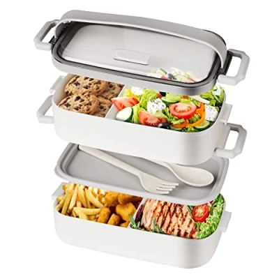 Imagen de lonchera bento Box para adultos, caja apilable con 2 compartimentos, incluye juego de utensilios, contenedor almuerzo a prueba fugas, segura microondas y lavavajillas,
