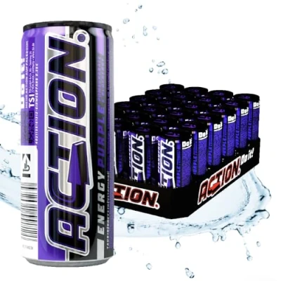 Imagen de Action Energy Drink Purple (48 x 250 ml) incluye depósito Refresco con sabor a granada y arándanos patata energética mayor contenido de cafeína 32 mg/100 ml rendimiento mejorado
