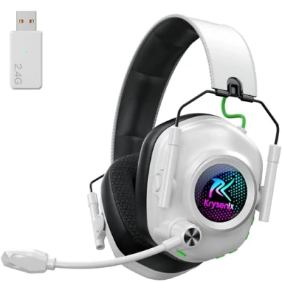 Imagen de Krysenix KGH2 Cascos Gaming Inalámbricos, 2.4G Auriculares para PS4, PS5, PC, Mac, Switch, Bluetooth con Micrófono, Cancelación de Ruido, Luz LED y Duración 40Hr+, Blanco Negro