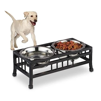 Imagen de Relaxdays Futterstation für Hunde Comedero Elevado para Perro, Soporte Alto de Hierro, 2 Cuencos Comida 750ml, Acero Inoxidable, Negro, 13,5 x 37 18 cm