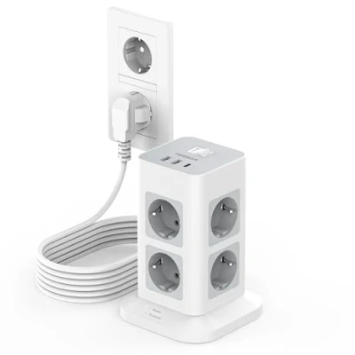 Imagen de TESSAN Regleta Enchufes 5 Metros con Protección Sobretensione 3600W 16A, Torre Vertical 3 USB y 8 Tomas, Regletas Interruptor para Mesa, Oficina, Casa, Gris
