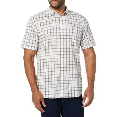 Imagen de Amazon Essentials Camisa de Popelín Manga Corta y Ajuste Entallado Hombre, Rosa Blanco Cuadros Vichy Grandes, L