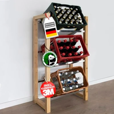 Imagen de KARAT estantería para cajas de bebidas 3 bambú y acero inoxidable, estable robusta, cerveza, soporte cajas, armario bebidas, estante
