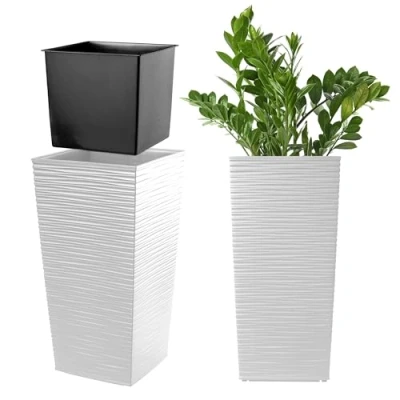 Imagen de KADAX Macetero Alto de Diseño Moderno para Plantas Interior y Exterior, Maceta Grande Plástico, Jardinera Alta (Texturizado, Blanco, 36 cm)