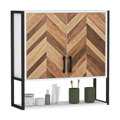 Imagen de HOMCOM Armario de Pared para Baño Multiusos Mueble Suspendido Colgante Almacenamiento con 2 Puertas Estante Ajustable y Abierto 59x20x60 cm Multicolor