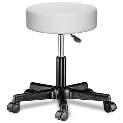 Imagen de CASARIA® Taburete Ruedas Altura Regulable 46 60cm Giratorio 360 Acolchado 10cm Redondo Ø 35cm Blanco