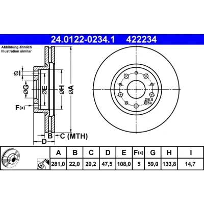 Imagen de ATE 24.0122 0234.1 Disco de freno 281,0 22,0 5 108,0 ventilado revestido