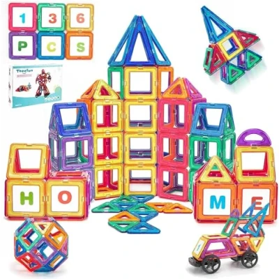 Imagen de Theefun Bloques de Construcción Magnéticos, 136 Piezas Construcciones Magneticas Niños 3 4 5 6 7 8 Años Creatividad y Educación Juguetes Regalos Cumpleaños