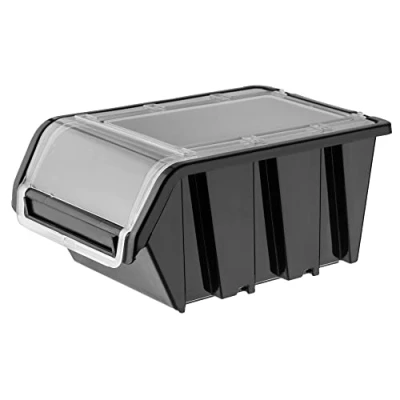 Imagen de KADAX caja apilable con tapa, de almacenamiento plástico PP, en diferentes tamaños y colores, cajas solapa para pared herramientas (negro, 1 unidad 230 x 160 mm)