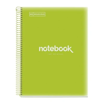 Imagen de Miquelrius Cuaderno A4 Notebook Emotions, 120 Hojas 90 g/m², Rayado Horizontal 7 mm, 5 Franjas de Colores, Espiral Microperforado, Tapa Polipropileno, 4 Taladros, Color Verde Lima