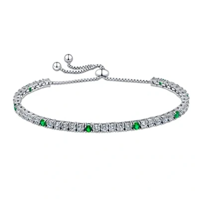 Imagen de Amberta Lumini Pulsera Tennis Ajustable para Mujer en Plata de Ley 925 con Circonita Cúbica: Esmeralda Simulada