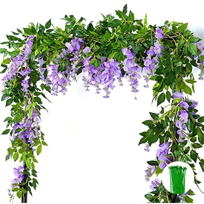Imagen de 2 piezas de vid flores artificiales m / 6.5 pies glicina falsa para colgar guirnaldas flores, utilizadas decoración paredes, bodas en casa, jardín, fiestas