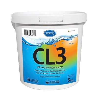 Imagen de Tamar Cloro 3 Acciones, Tabletas Multifuncion de 200 grs, Pastillas disolución Lenta, biocida Especial multiacción, Efectos, Mantenimiento Piscina, desinfectante, clarificante, alguicida 5 Kilos