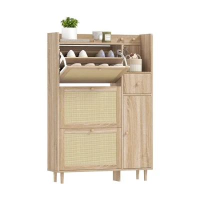 Imagen de HOMCOM Mueble Zapatero Armario con 3 Cajones Abatibles Frentes de Ratán para 12 Pares Zapatos Estantes Ajustables Estrecho Pasillo Entrada 80x23x120 cm Roble