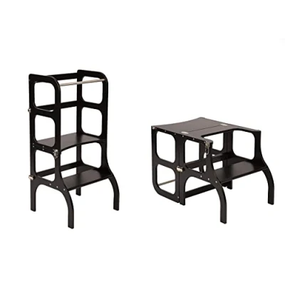 Imagen de Torre de Aprendizaje Plegable con función Asiento, Altura pie 45 cm, Taburete Plegable, Asiento y Mesa, Madera Abedul, Barnizado UV, Negro bisagras Plateadas