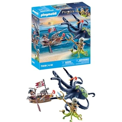 Imagen de PLAYMOBIL Pirates 71419 Batalla con Pulpo Gigante, Piratas contra Deepers, un Calamar Grande una función Real de rociado Agua y Accesorios completos, Juguetes para niños a Partir 4 años