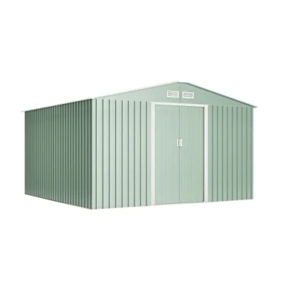 Imagen de Wasabi Caseta Jardín Exterior 10,2m2 Light Green 322x324x205cm Doble Puerta Corredera Rejillas Ventilación Techo a 2 Aguas Verde Cobertizo de Almacenamiento Armario Metálico Herramientas