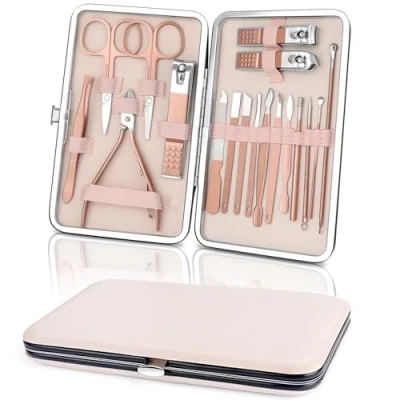 Imagen de AiQInu Set de Manicura y Pedicura, 18 Piezas Tijeras Uñas Pies con Bonita Caja, kit Cortauñas Profesional Acero Inoxidable, Herramientas, Regalo para Hombres Mujeres Amigos Padres