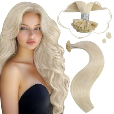 Imagen de Moresoo Pre bonded Nail Tip Extensiones de Queratina 100% Remy Human Hair Extensions Rubia Platino #60 24Pulgadas/60cm 50g