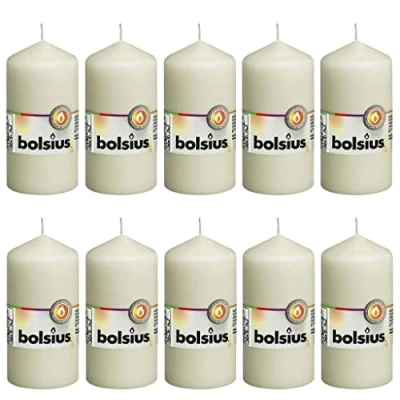 Imagen de Bolsius velas lisas, marfil, juego de 10 unidades, decorativas para el hogar, longitud combustión 33 horas, sin perfumar, cera vegetal natural, 12 x 6 cm